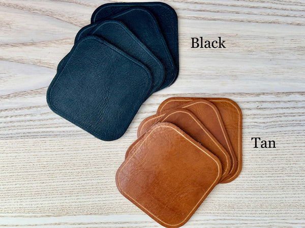 Set of 4 Leather Coasters - Black or Tan Drum Dyed Leather - Soft Casual Look and Feel - A.M. Aiken