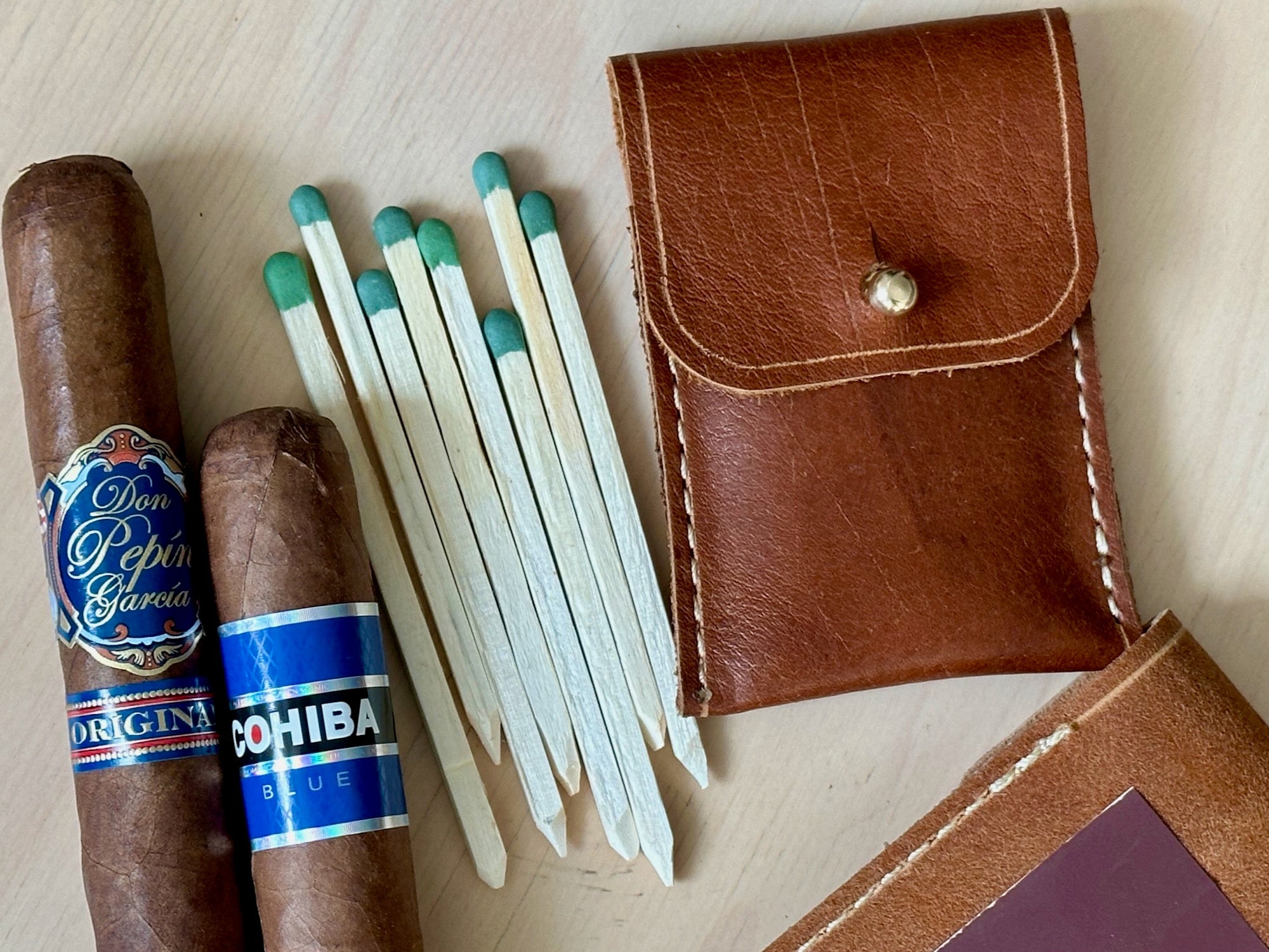 Hand-cut Cigar Matches with Leather Match Case - A. M. Aiken