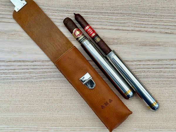 Leather Cigar Case with Optional Cigar Tubes - Handmade Cigar Holder - Personalize with Monogram - Drum Dyed Leather - A.M. Aiken