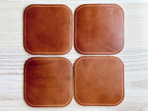 Set of 4 Leather Coasters - Black or Tan Drum Dyed Leather - Soft Casual Look and Feel - A. M. Aiken